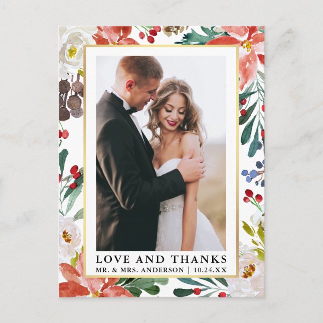 Postal Elegante acuarela Invierno Floral Amor y Gracias (Anverso)