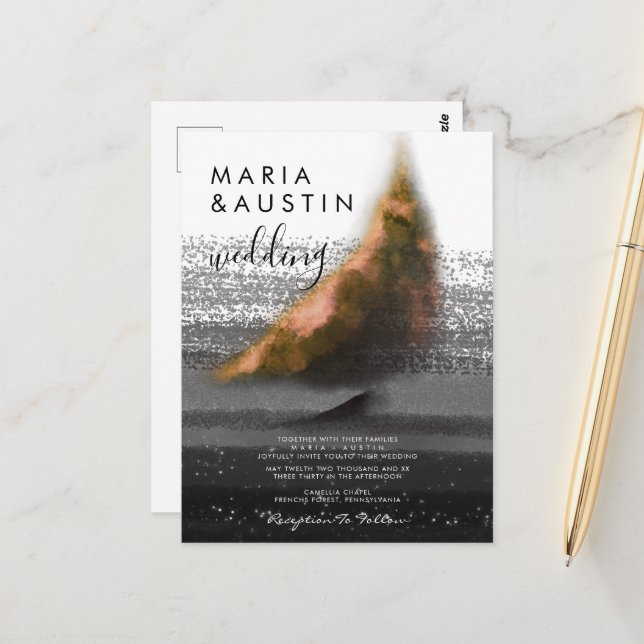 Postal Elegante acuarela Mar Vela Bote Negro Boda (Anverso/Reverso In Situ)