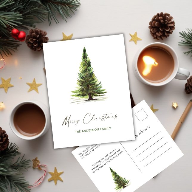 Postal Elegante acuarela Navidades de pinos saludo (Elegant Watercolor Pine Tree Christmas Greeting Postcard)