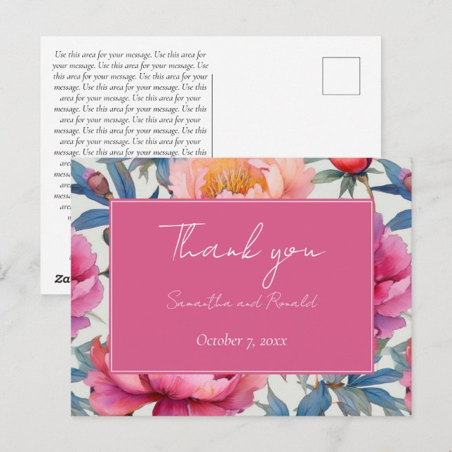 Postal Elegante acuarela Peony Flowers Boda Gracias (Anverso / Reverso)