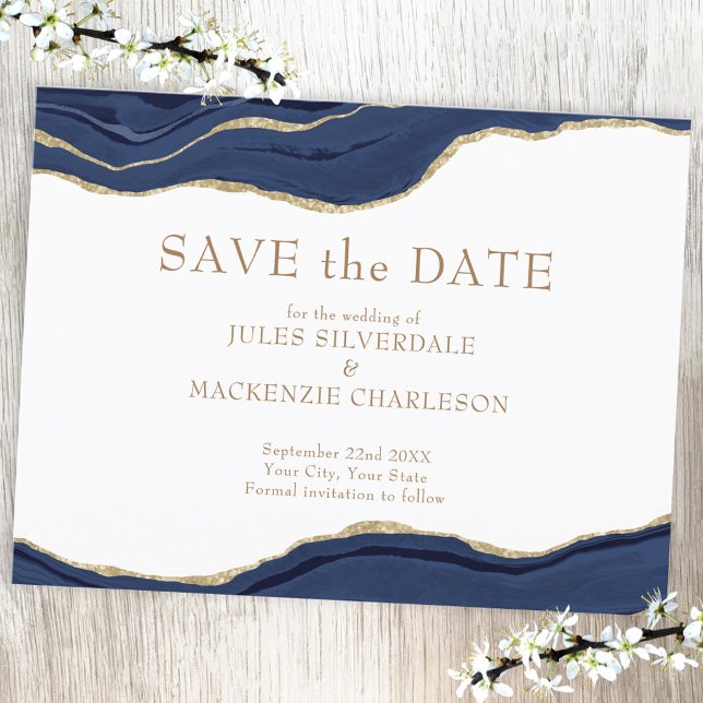 Postal Elegante Agate Salva a la Purpurina de oro azul de (Agate gold Save the Date wedding postcard)