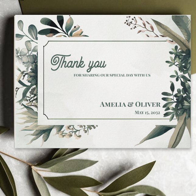 Postal Elegante Agradecimiento de Boda con Vegetación Bot (Elegant Botanical Greenery Wedding Thank You Card | Sage Green Garden Wedding Thank You)