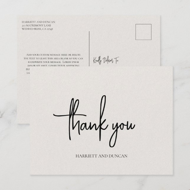 Postal Elegante Agradecimiento de Boda en Beige Neutro At (Anverso / Reverso)
