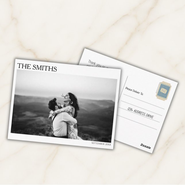 Postal Elegante Agradecimiento Editorial de Foto de Boda (Editorial Wedding Photo Thank You Post Cards)