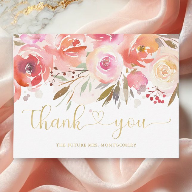 Postal Elegante Agradecimiento para Fiesta de Despedida d (Elegant Blush Pink Rose Floral Bridal Shower Thank You Card)