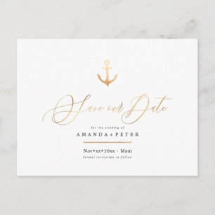 Postal Elegante Ancla de Faux Gold, Nautical Save the Dat