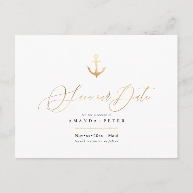 Postal Elegante Ancla de Faux Gold, Nautical Save the Dat (Anverso)