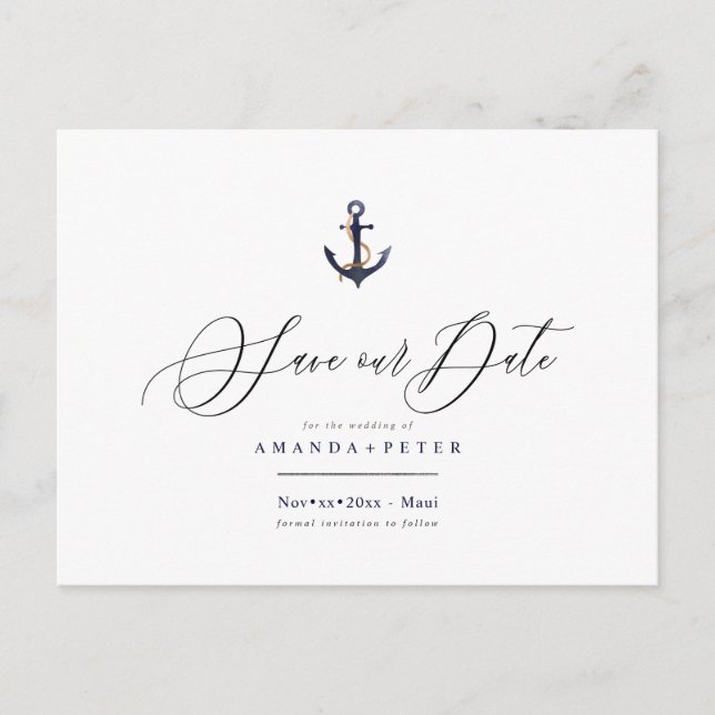 Postal Elegante Ancla, Nautical Save the Date (Anverso)