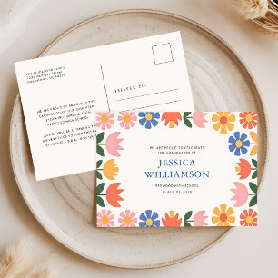 Postal Elegante Anuncio de Graduación Floral Retro de Gra