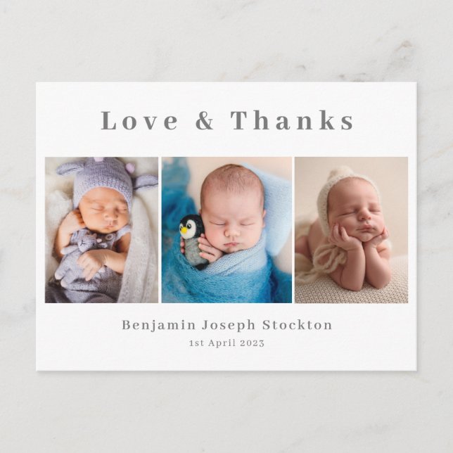 Postal Elegante anuncio de nacimiento, amor y gracias (Anverso)