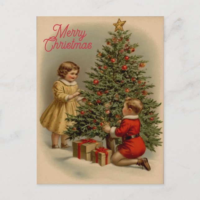 Postal Elegante árbol de navidad vintage con regalo (Anverso)