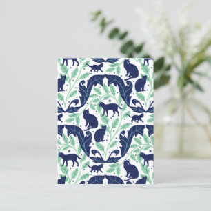 Postal Elegante Art Nouveau Mint Azul Negro Cat-Whimsical