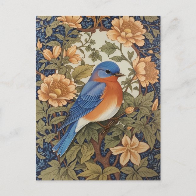 Postal Elegante ave azul oriental William Morris inspirad (Anverso)