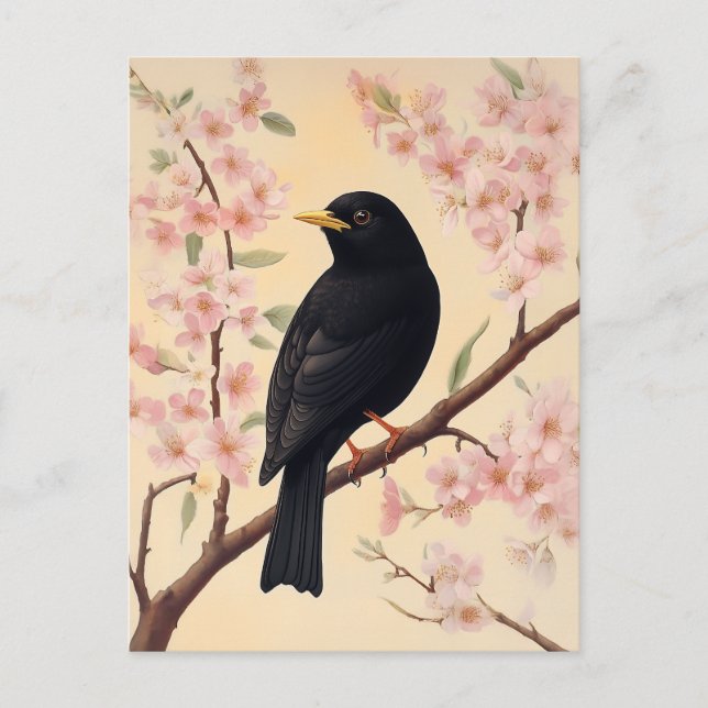 Postal Elegante ave negra en flores (Anverso)