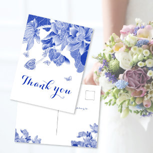 Postal Elegante Azul Blanco Chinoiserie Floral Agradecimi