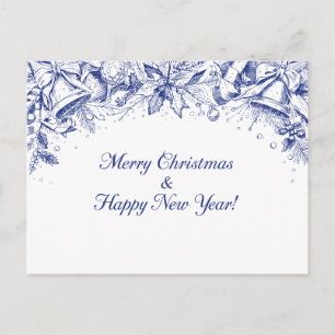 Postal Elegante azul floral alegre Navidad chinoiserie