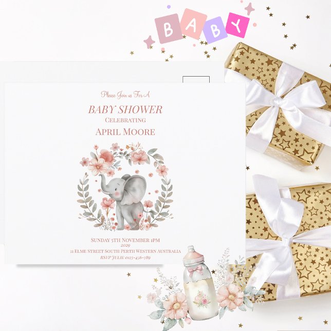 Postal Elegante Baby Girl Pink Elephant Baby Shower (Cute Baby Girl Baby Shower Postcard Invitation)