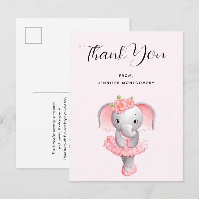 Postal Elegante Bailarina Elefante Rosa y Gris Gracias (Anverso / Reverso)