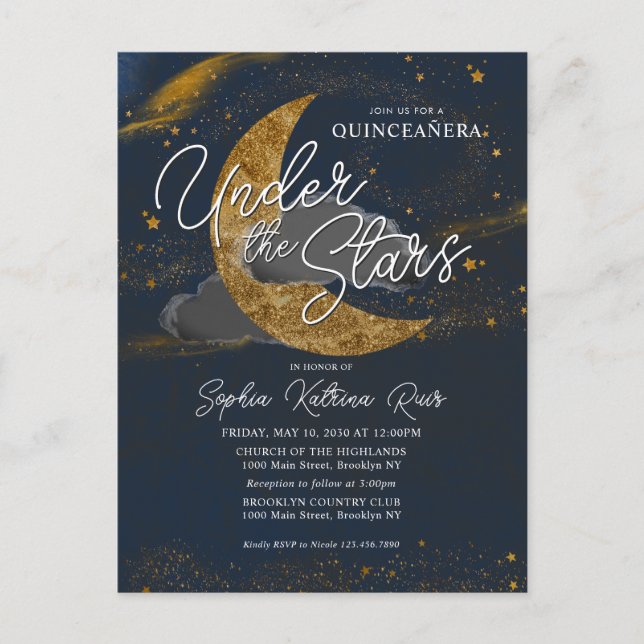 Postal Elegante bajo las estrellas Luna de Oro Azul Quinc (Anverso)