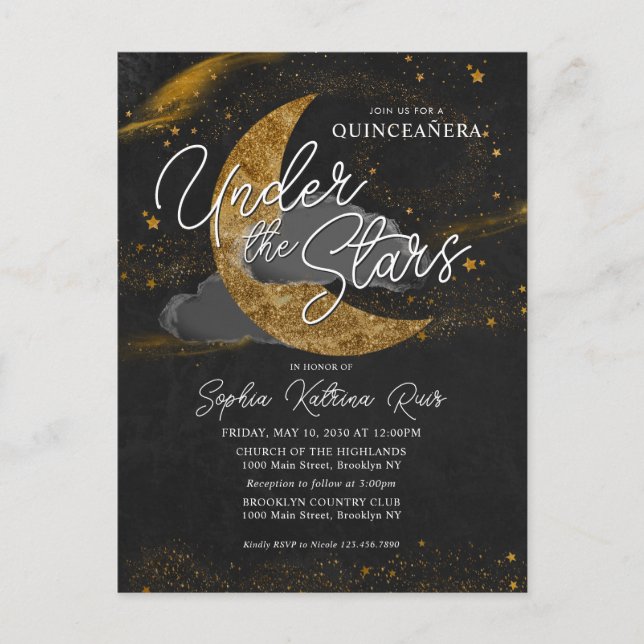 Postal Elegante bajo las estrellas Luna de Oro Glam Quinc (Anverso)
