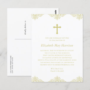 Postal Elegante Baptismo de cruz de oro/Invitación a la c