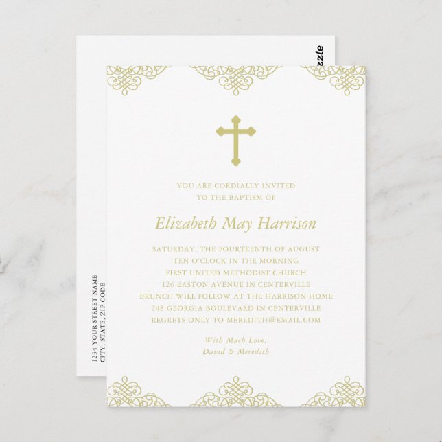 Postal Elegante Baptismo de cruz de oro/Invitación a la c (Anverso / Reverso)