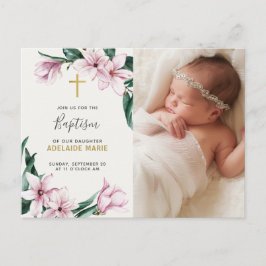 Postal Elegante Baptismo Floral Rosa Cruz de Oro Foto