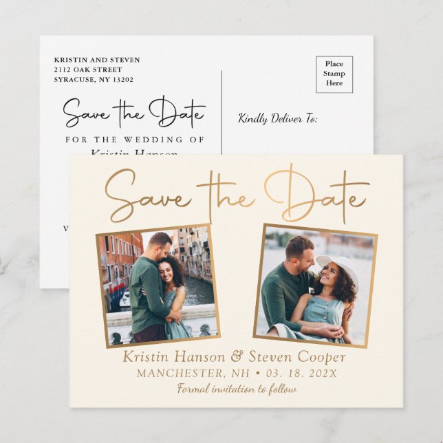 Postal Elegante Beige Gold 2 Photo Save The Date (Anverso / Reverso)