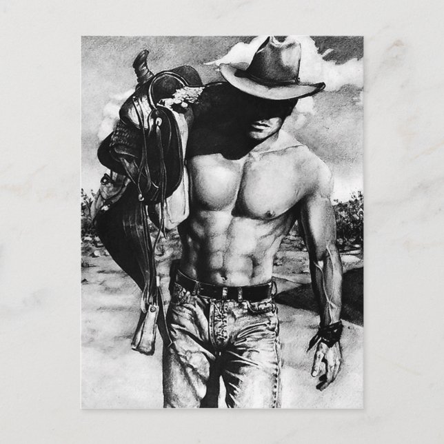 Postal Elegante Bella Artes Carbón Dibujo Sexy Vaquero (Anverso)