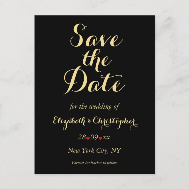 Postal Elegante Black Faux Gold Wedding Save the Date (Anverso)