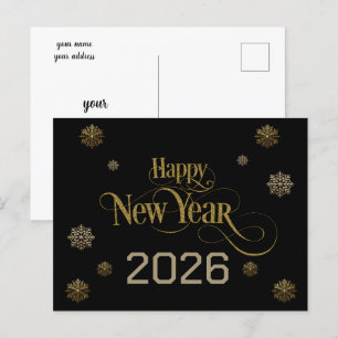 Postal Elegante Black Gold Happy New Year 2026 copos de n