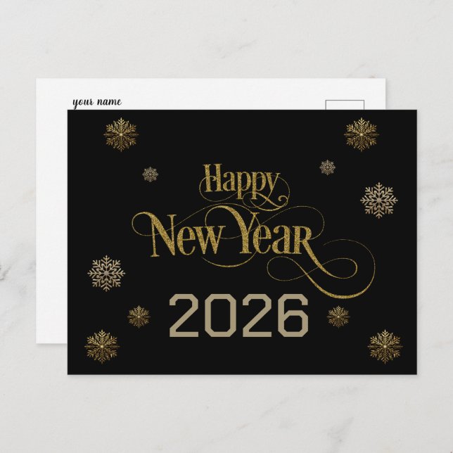 Postal Elegante Black Gold Happy New Year 2026 copos de n (Anverso / Reverso)