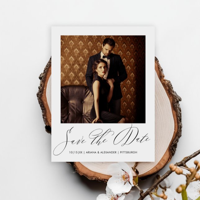 Postal Elegante Black Script Photo Wedding Guardar la fec (Subido por el creador)