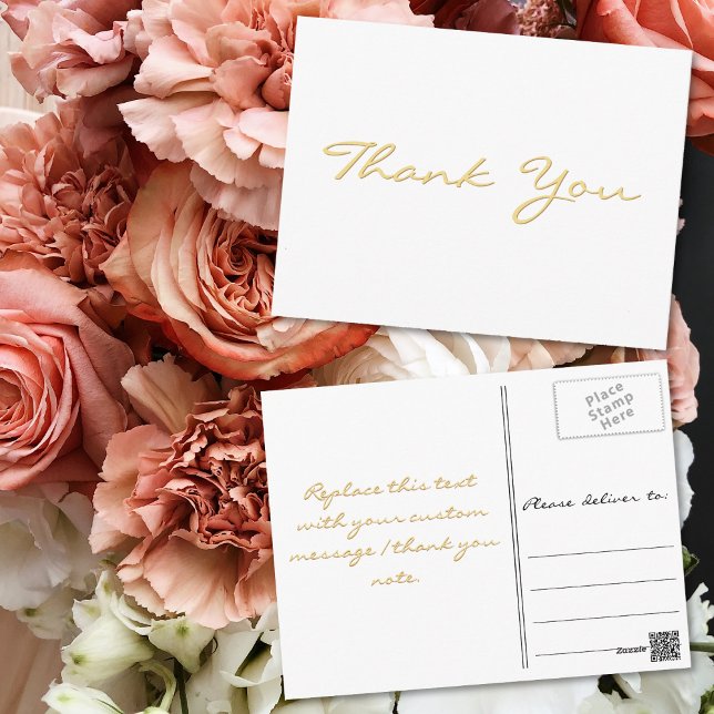 Postal Elegante blanco moderno Faux Gold Script Gracias (Modern White Elegant Faux Gold Script Thank You Postcard)