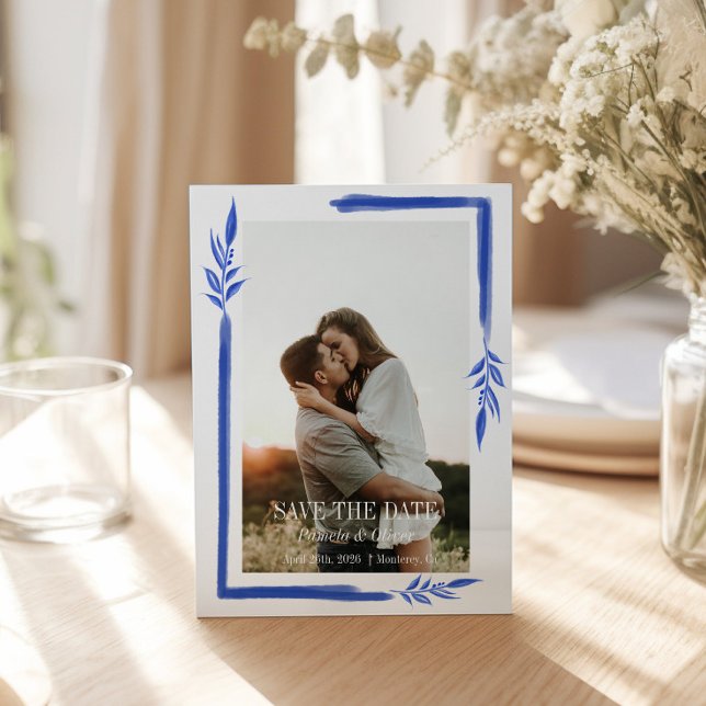 Postal Elegante Blue Botanical Save the Date (Subido por el creador)
