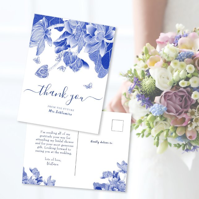Postal Elegante Blue Chinoiserie Bridal Shower Gracias (Subido por el creador)