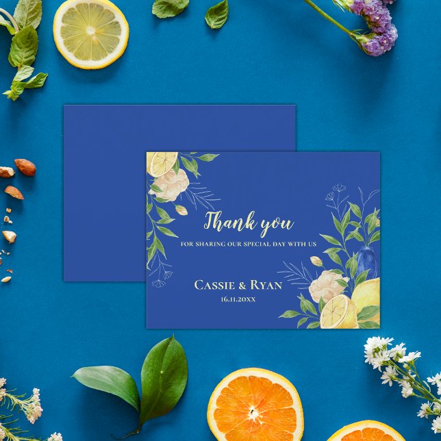 Postal Elegante Blue Floral Lemon Boda Gracias Cartas (Elegant Blue Floral Lemon Wedding Thank You Cards)
