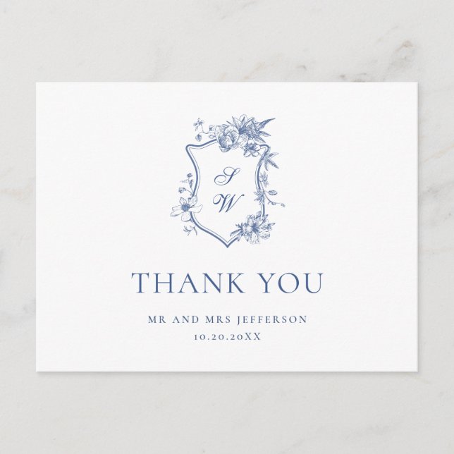 Postal Elegante Blue French Garden Floral Gracias (Anverso)