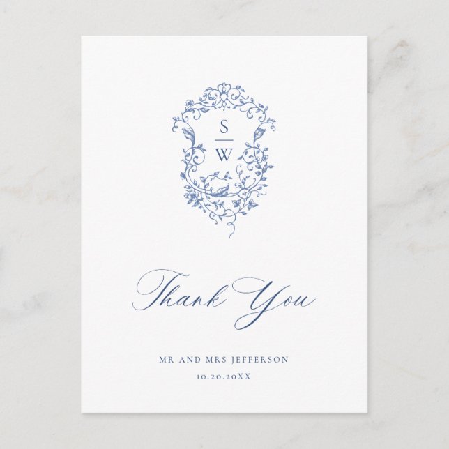 Postal Elegante Blue French Garden Floral Gracias (Anverso)