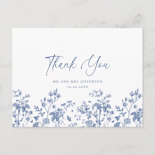 Postal Elegante Blue French Garden Floral Gracias (Anverso)