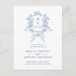 Postal Elegante Blue French Garden Wedding Salva la fecha