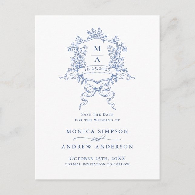 Postal Elegante Blue French Garden Wedding Salva la fecha (Anverso)