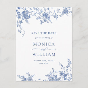 Postal Elegante Blue French Garden Wedding Salva la fecha