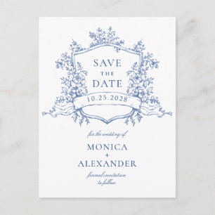 Postal Elegante Blue French Garden Wedding Salva la fecha