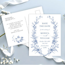 Postal Elegante Blue French Garden Wedding Salva la fecha