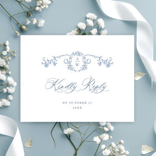 Postal Elegante Blue French Rosas Boda de tela RSVP