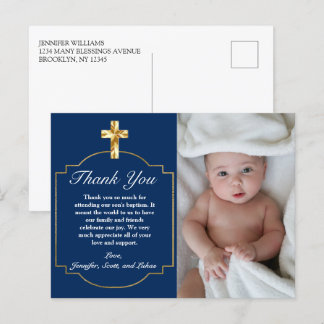 Postal Elegante Blue Golden Cross Boys Baptism Gracias