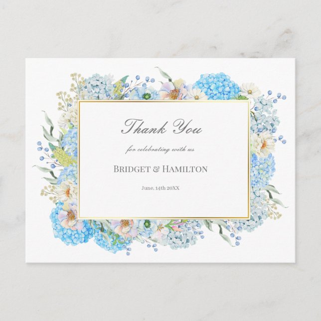 Postal Elegante Blue Hydrangea Boda Gracias (Anverso)