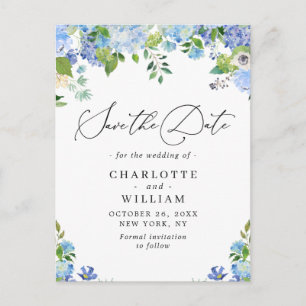 Postal Elegante Blue Hydrangea Boda QR Guardar la fecha
