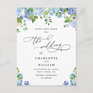 Postal Elegante Blue Hydrangea Boda QR Guardar la fecha
